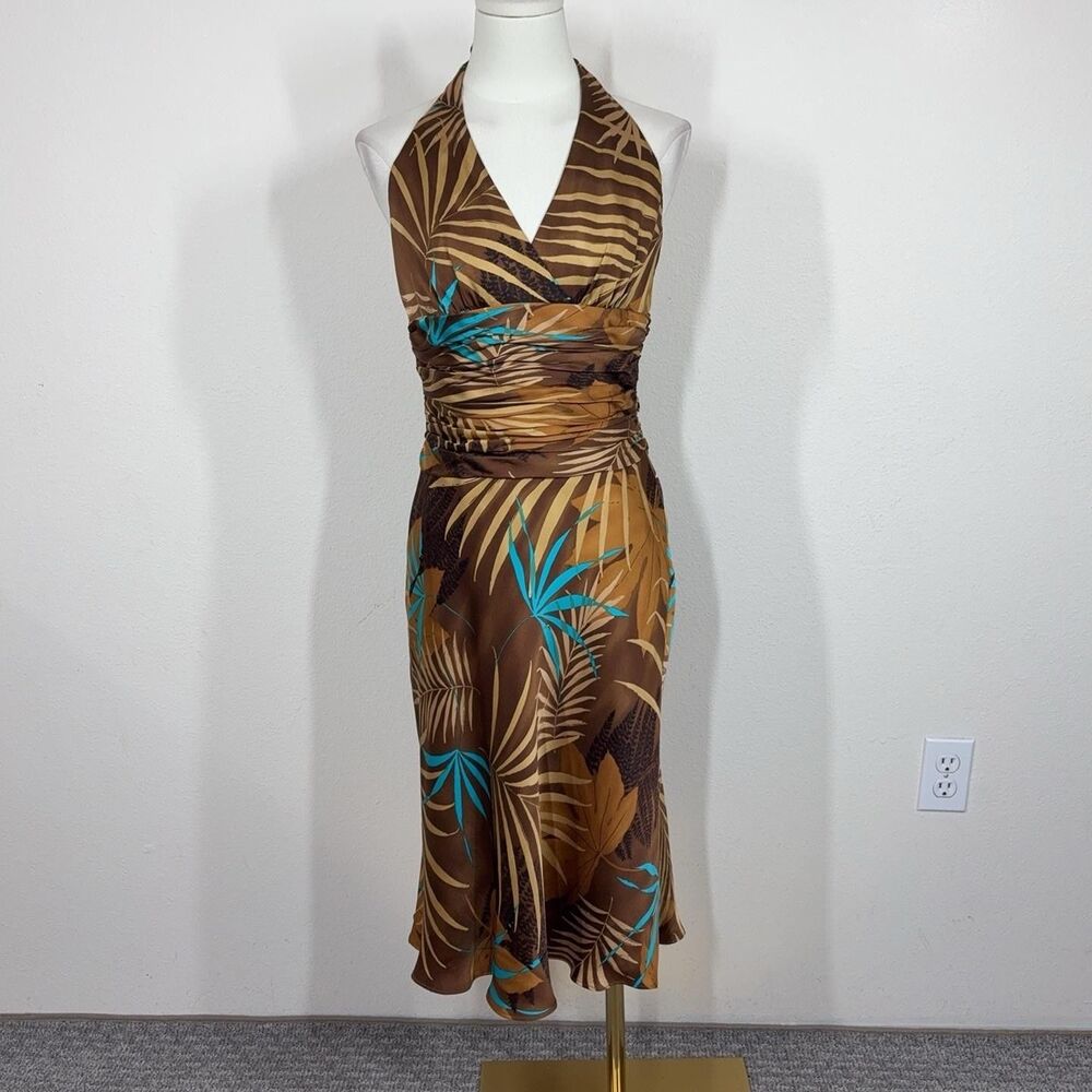 Jones New York Dress Womens 4 Brown Silk Halter Ruched Midi Tropical Sundress